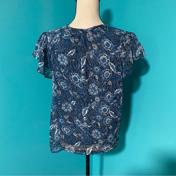 Joie S Blue Floral Metallic Flutter Sleeve Split Neck Chiffon Blouse - Picture 4 of 5